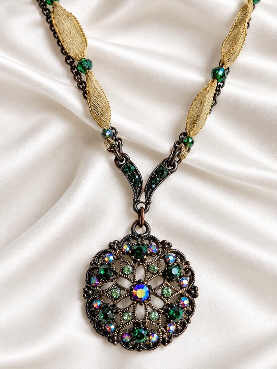 Fashion Jewelry Jewelry - Vintage Filigree-style Pendant Necklace w/Multi-colored Crystal Rhinestones